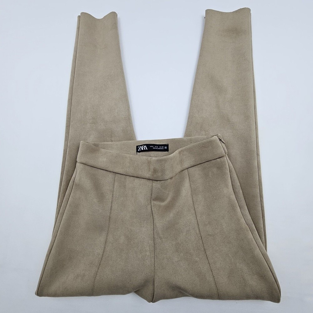 Zara Women Faux Suede Leggins Size Small Color Brown Tan Elastic Waistband Comfy - Picture 2 of 13